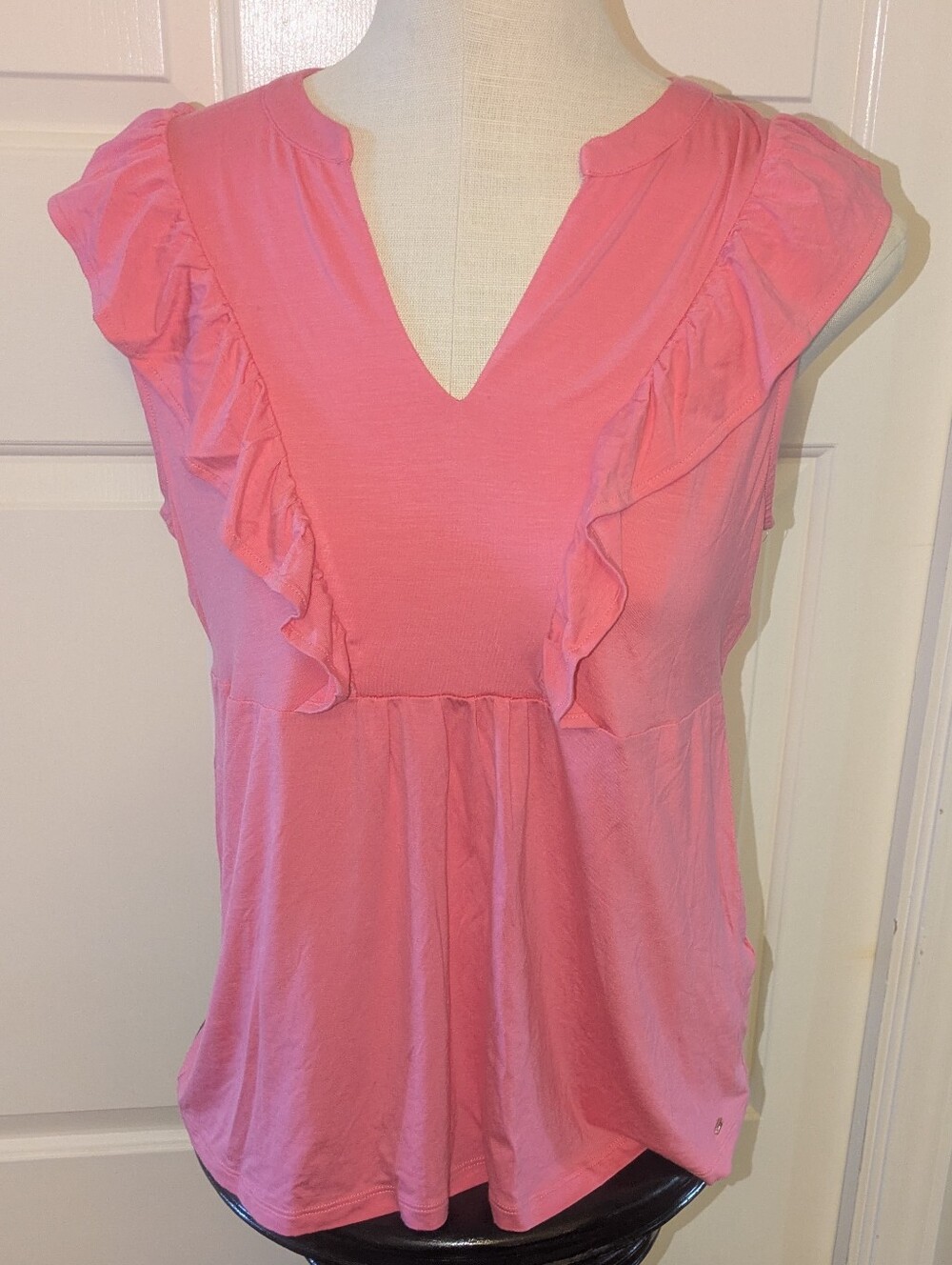 Tommy Hilfiger Coral Pink Ruffle V-Neck Sleeveless Babydoll Top- S (Bust 36")